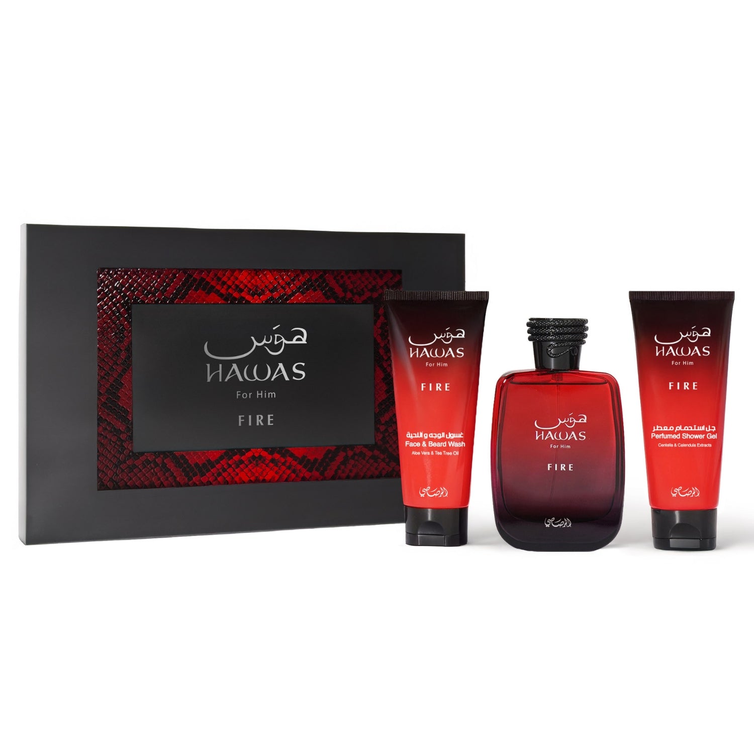 Rasasi Hawas Fire Gift Set 3-piece gift set fragrance bottle — 100ml • bath & body • boxed