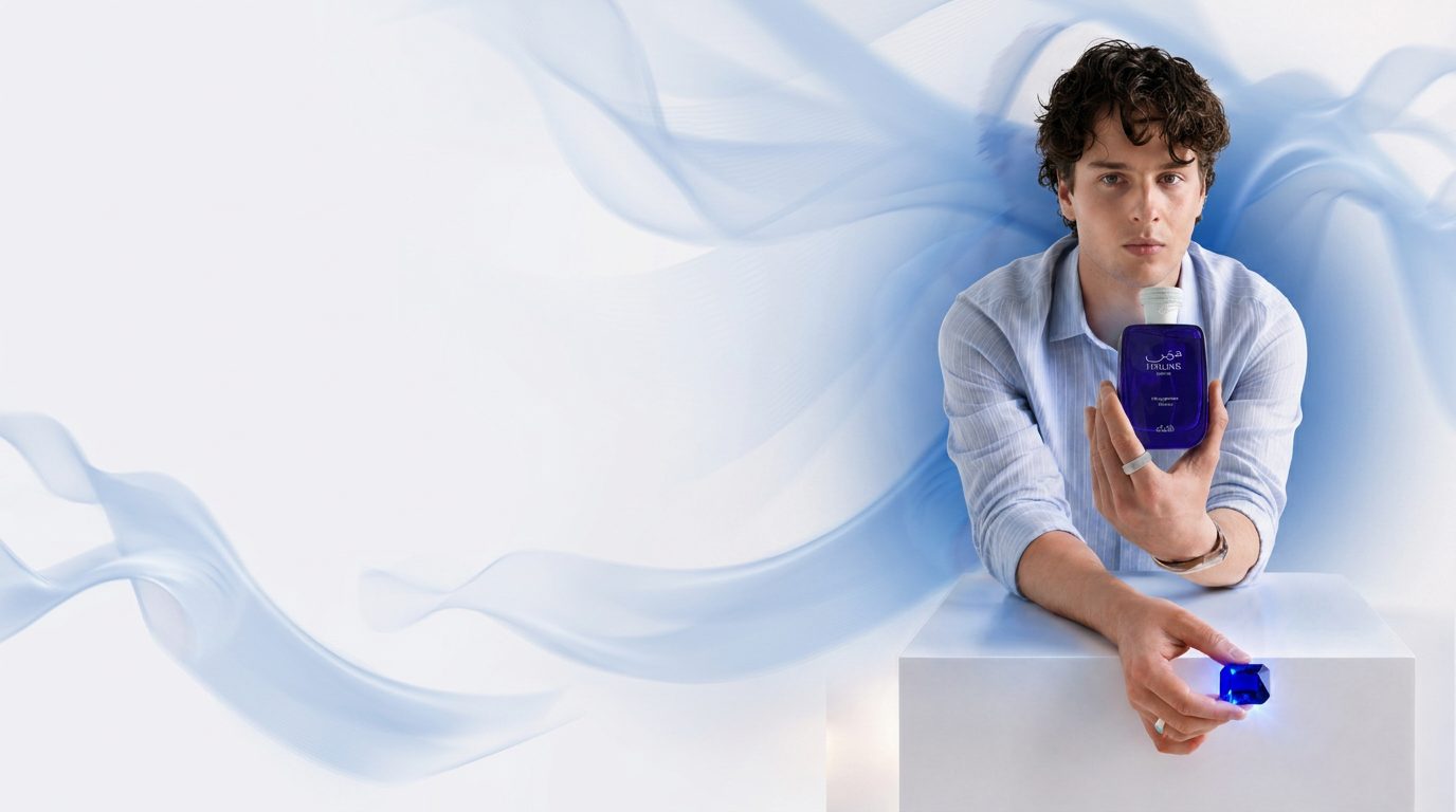 Hawas Sapphire — a campaign portrait against pale-blue silk