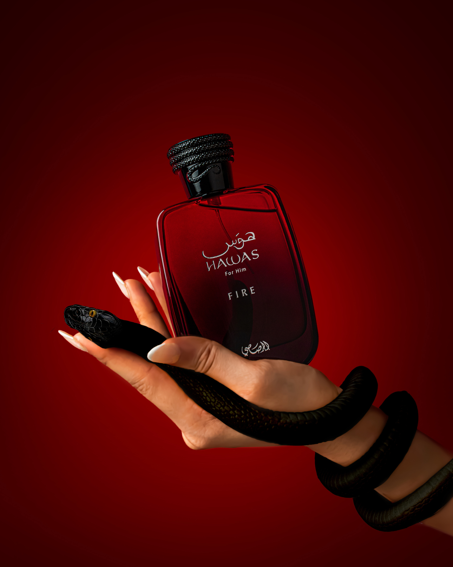 Hawas Fire bottle held in a hand wrapped by a black serpent
